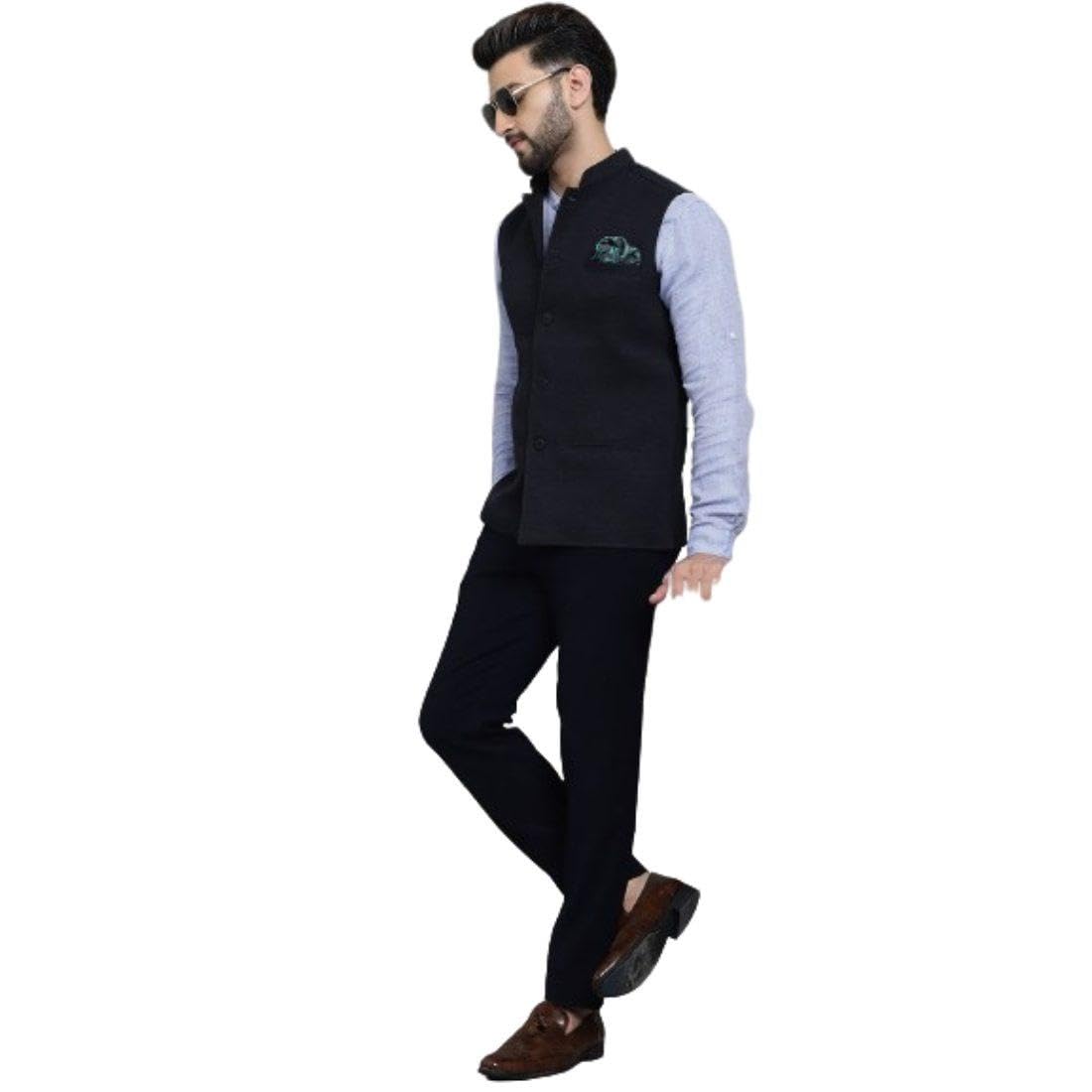 Men's Wool Solid Sleeveless Nehru Jacket with welt pockets (Charcoal)