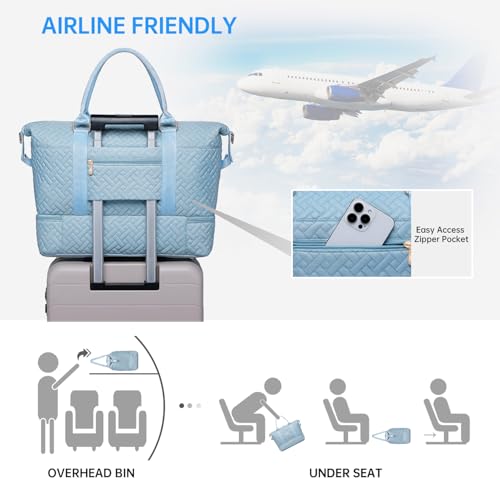 Image of Duffle Bag for Travel, Weekender Bag with Shoe Compartment, Carry On Overnight Bag for Women with Toiletry Bag, Gym Bag with Wet Pocket, Hospital Bags for Labor and Delivery Beige, Blue-Embroidery