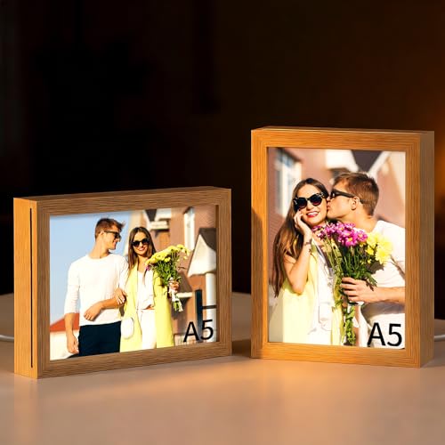 PYD Life 2 Pack A5 Night Light LED Photo Frames Panels with Sublimation Glass Sheets 5.9" x 7.87", with Wooden Frame 3 Light Modes, Custom Sublimation Blanks Night Lights for Tabletop Home Decor