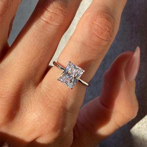 3CT Radiant Cut Moissanite Engagement Rings for Women,D Color VVS1 Clarity Solitaire Ring 925 Sterling Silver with 14K White Gold Plated Moissanite Wedding Promise Rings Size 4-124
