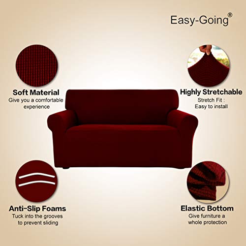 Image of Easy-Going Stretch Sofa Slipcover 1-Piece Sofa Cover Furniture Protector Couch Soft with Elastic Bottom for Kids, Polyester Spandex Jacquard Fabric Small Checks (Sofa, Wine)