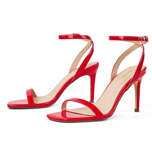 Image of GENSHUO Ankle Strap Square toe Heeled Sandals Red Size 10