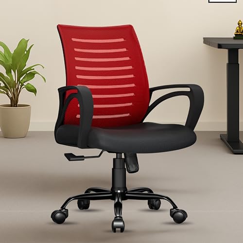 Image of beAAtho Verona Mesh Mid Back Ergonomic Home Office Chair with 3-Years Limited Warranty, Tilting & Height Adjustable Mechanism, Heavy Duty Metal Base Ideal for Office Work & Study (Red)