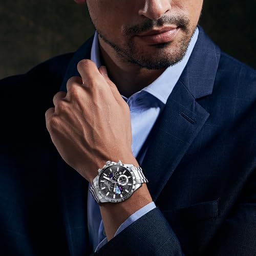 Image of ROCOSJEWE R0916 Men's Quartz Watch with Blue and Black Dial, Stainless Steel Strap, Date, Moon Phase and Luminous Hands