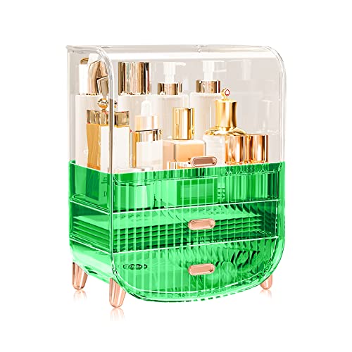 Ergocar Portable Transparent PET Series Multi-Function Make Up Case Dustproof Cosmetic Storage Box, Cosmetics Skin Care Products Jewelry Organizer Case Lipstick Box - Green Three Layers