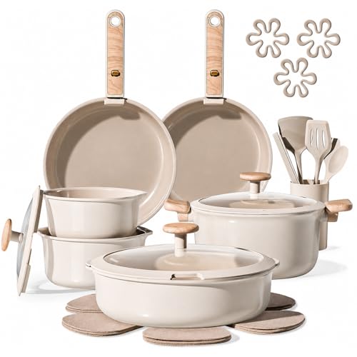 CAROTE 25 Pcs Ceramic Cookware Sets, Pots and Pans Set Non Stick, Detachable Handle, Induction & Oven Safe, Stackable Space - 70% Saving, Cookware Non Stick Cooking Set, Taupe (PFOS, PFOA Free)