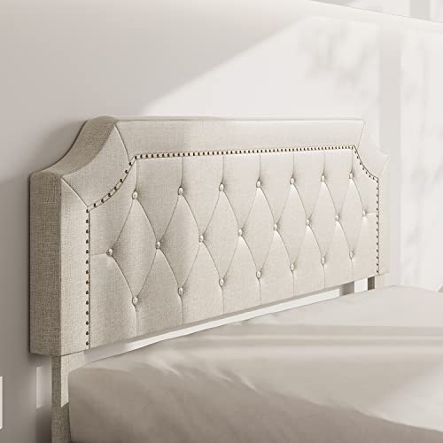 Bonsoir Queen Size Bed Frame Upholstered Low Profile Traditional Platform With Tufted And Nail Headboard/No Box Spring Needed/No Bed Skirt Needed/Linen Fabric Upholstery/Color Of Sand #TOP5