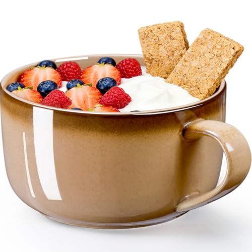 NUTRIUPS Large Ceramic Soup Bowls with Handles 1000ml Microwave Soup Mug Heavy Soup Cup & Container with Handles for Cereal Ramen Noodle Oatmeal (Vintage Copper Rim)