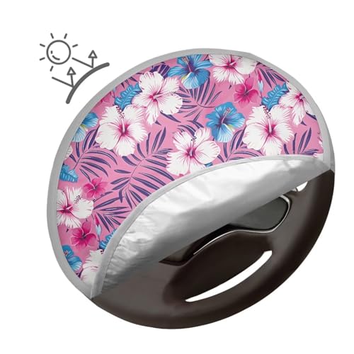 Image of Pink Hibiscus Steering Wheel Cover Sunshade Car Interior Accessories for Sun Heat Steering Wheel Cover Protector Reflect UV Sun and Heat Universal Steering Wheel Shield