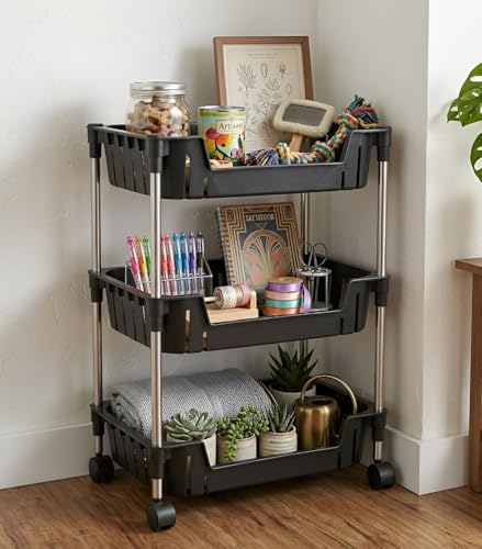 Image of JD FRESH 3-Tier Multi Storage Rack for Home & Kitchen /360-Degree Rotating Wheels with Breathable Kitchen Shelf Storage Rack /Plastic Rolling Cart for Kitchen, Bathroom, Office & Living Room (Black)