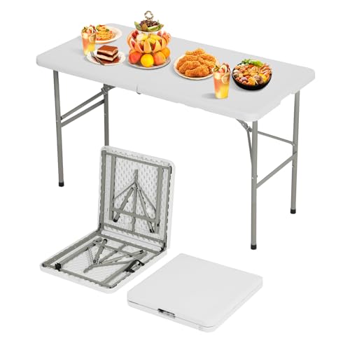 SEALAMB 4FT Portable Folding Table, One-Handed Height Adjustment, 4 Heights, Gravity Lock, Carry Handle, Indoor Outdoor Heavy Duty Fold-in-Half Utility Table, Party(White, 4FT)