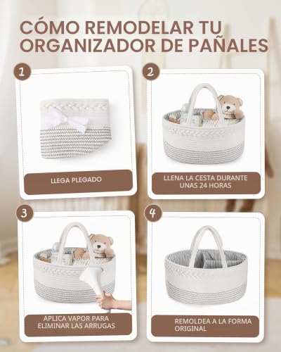 Miniatura 8 de Maliton Organizador Para Cambiador, Cesta Organizadora Para Bebé, Cesta De Almacenamiento Para Cambiador, Contenedor Para Pañales Con Compartimentos Y Asas, Regalo Para Recién Nacidos, Ondas Blancas