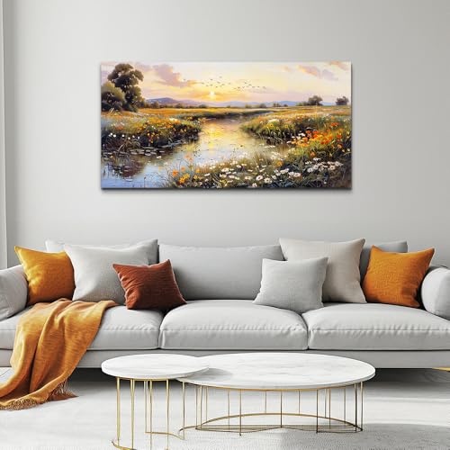 PHAOHUAXM Canvas Wall Art For Bedroom Wall Decorations For Living Room Office Decor Rivulet View Painting Farmhouse Field Scenery Watercolour Pictures Printing Artworks Wall Home Decor 20x40 In