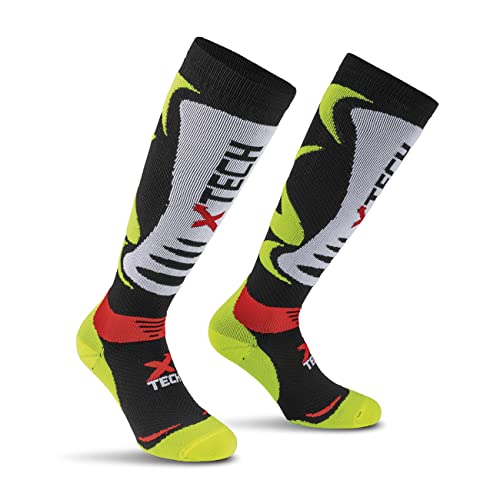 Calcetines de esquí técnicos deportivos de invierno negros, blancos y amarillos fluorescentes calcetines Dragon XTECH talla 39-42