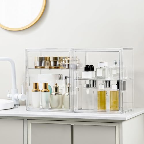 Image of Large Clear Acrylic Figure Display Case for Collectibles 2 Pack | Movable Divider, Magnetic Door, Easy to Clean, Dustproof, 2-Tier, Easy Assemble, Adjustable Storage