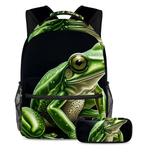Cartable mignon vert grenouille 18 pour enfant avec grand sac à dos et trousse