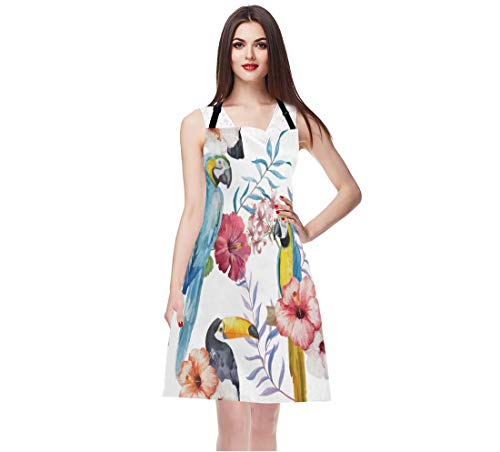 Ekobla Bird Aprons Watercolor Flower Print Animal Parrot Branches Beautiful Summer Plant Waterproof Resistant Chef Cooking Kitchen Bbq Adjustable Aprons For Women Men 27X31 Inch #TOP2