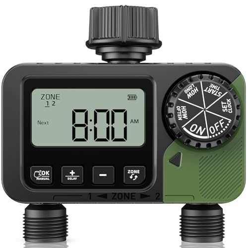 Sprinkler Timer 2 Outlets Programmable Water Hose Timer with Rain Delay/Manual/Automatic Watering System Outdoor Digital Auto Irrigation for Garden Yard Lawn with Large Display(Black+Olive Green)