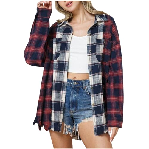 Women's Oversized Plaid Shacket Button Down Jacket with Hood Trendy Colorful Checkered Design