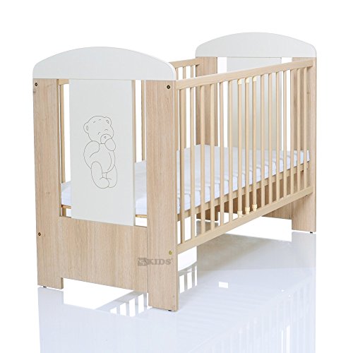 Lit Bébé 120x60 Cm à Barreaux TOMI Avec Matelas - Barrière Coulissante, Motif Lapin, Fabrication UE