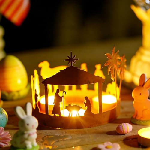 Vintage Nativity Scene 3 Hole Iron Silhouettes Decorative Candle Holders | Christmas Decorations Metal Candlestick Holders For Desk Table Centerpieces Mantel, Religious Christian Decor Christian Gifts — view 5
