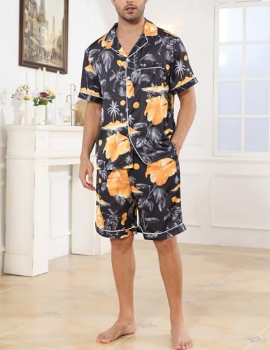 Image of Veseacky Mens Silk Satin Pajamas Set Short Sleeve Sleepwear Button-Down Pjs Sets Two-Pieces Loungewear with Pockets S-XXL