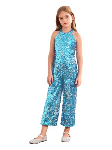 Image of Oyolan Kids Girls Sparkly Jumpsuit Romper Prom Full Sequins Bodysuit Playsuit Birthday Party Outfit Sky Blue 11-12 Years