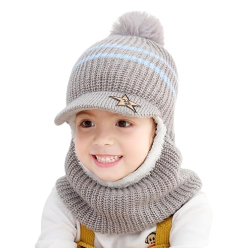 Kids Winter Hat Scarf Set, Warm Thick Knit Beanie with Pompom Earflap Hood Hat Fleece Lined for 2-5 Years Boys and Girls