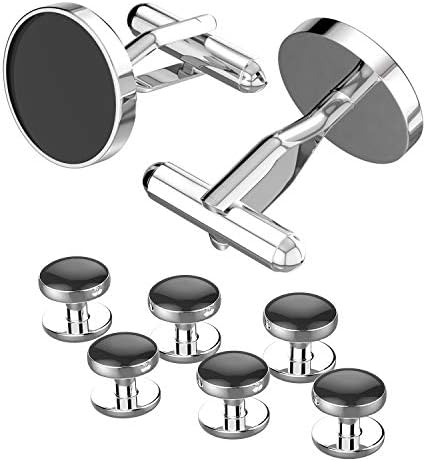 UHIBROS Cufflinks For Men Tuxedo Shirt Cuff Links Stud Set Stainless Steel Shirt Accessories Unique Business Groom Wedding Black Silver Jewelry Gift
