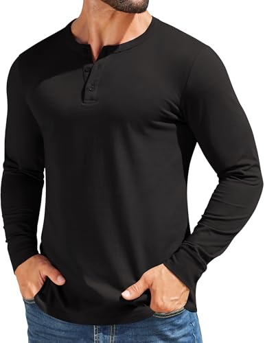 COOFANDY Mens Henley Shirts Cotton Long Sleeve V Neck Button Basic Tees Plain Casual Pullover