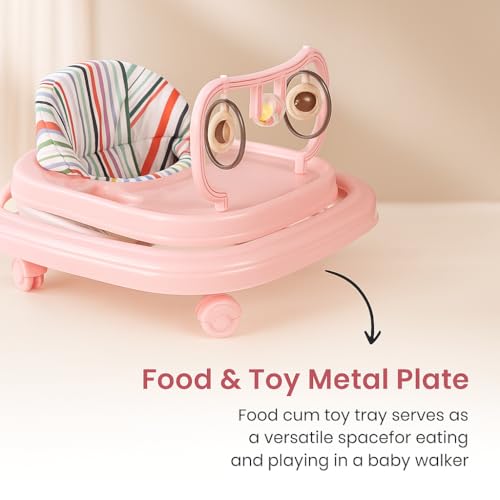 Image of Blushbaby 360 Baby Walker for 6-18 Months | 5-Height Adjustable Activity Walker with Cushioned Seat, Meal Tray & Toy Bar | Foldable & Lightweight Walker for Boys & Girls (Pink)
