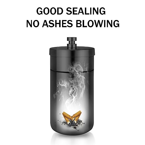 Image of Car Ashtray with Lid Smell Proof Stainless Steel Portable Ash Tray for Car Cup Holder Detachable Windproof Extinguished Cigarette Bucket for Outdoor Home Office (Black 2Pack)