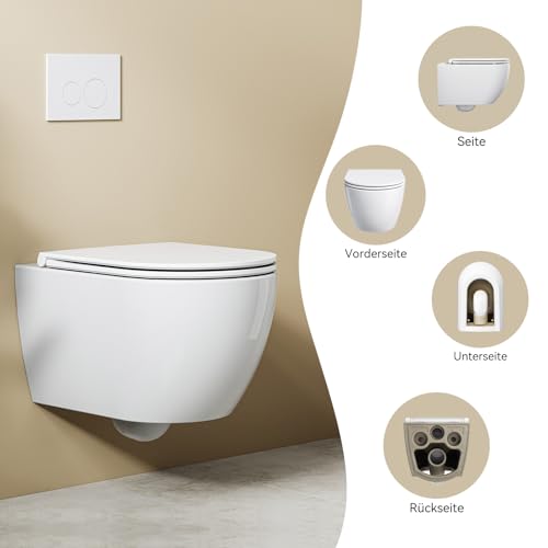 HOROW Wand WC Spülrandlos, Toilette WC mit Toilettendeckel mit Absenkautomatik, Hänge WC Runde mit Breiter Toilettensitz, Toilettenschüssel Weiß mit Nano, 52,5 cm lang