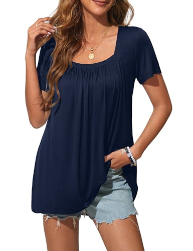 Florboom Longshirt Damen Kurzarm Sommer Lässige Tunika Top Oberteile, Marineblau L