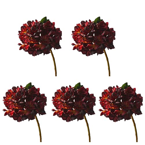 Atroy 5 flores artificiales de hortensia, color rojo oscuro, de seda sintética, vintage, con tallo, flores de hortensia falsas para ramos de bricolaje, decoración del hogar de boda