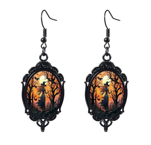 Vintage Gothic Mystery Witch Cameo Earrings - Punk Style Crystal Glass Witch Dangle Earrings