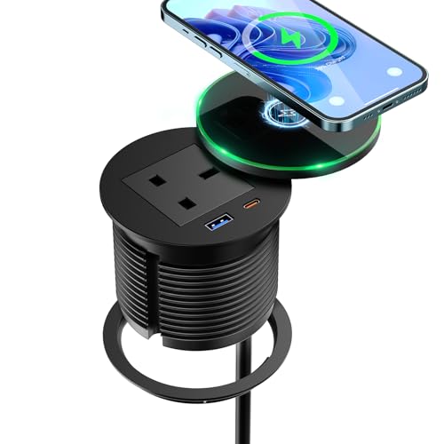 Recessed Power Socket with 15W Wireless Charger, Desk Grommet Power Socket with PD 30W USB C, 80mm Black