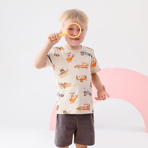 Image of Baby Boys' Summer Clothing Set, 2 Piece Cotton Toddler Boy Outfits 2-6T | Short Sleeve T Shirt and Short, Soft Breathable Infant Boy Clothes, Crewneck, Elastic Waist Shorts, Dinosaur /Car Print