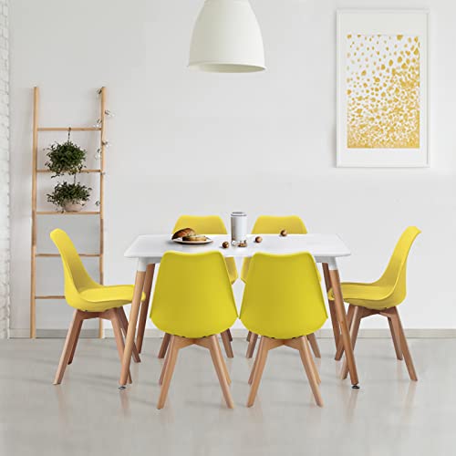 Homcasa White Dining Table and Chairs Set 6,120cm Rectangular Kitchen Table Modern PU Padded Seat Dining Chairs with Wood Legs, Contemporary Compact Dining Room Set (Yellow)