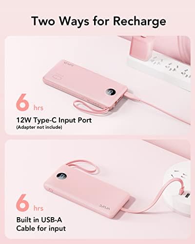 VRURC Portable Charger 10000mAh, Battery Pack with LED Display,Slim Power Bank Built-in USB C Cables Phone Charger Compatible with iPhone17/16/15 & Early Series,Samsung,Android etc-Pink - 5