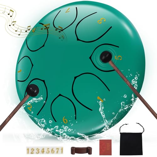 Rain Drum for Outside, 6 Inches 8 Notes Steel Tongue Drum for Garden Instrument, Rain Chime Waterproof, Hand Pan Instrument Outdoor, with Bag, Music Book, Mallets (Lake Blue, 6 Inches)