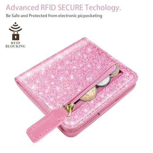 Image of Small Womens Glitter Wallet Thin Credit Card Holder Pocket | Compact Women Slim RFID Blocking Bling Wallets Bifold Ladies Mini Purse Pocket for Travel & Daily Use, Pink