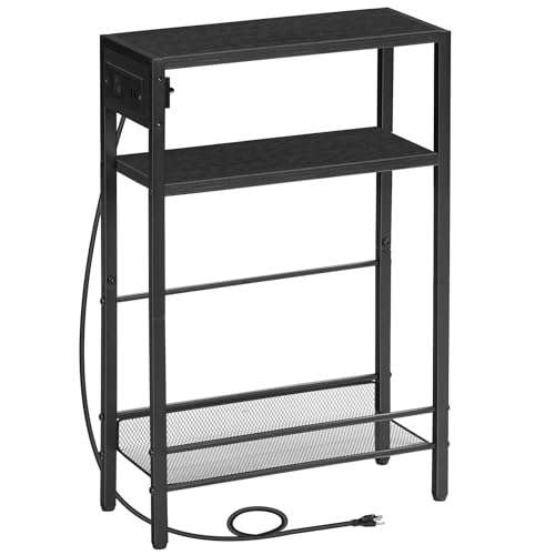 Image of HOOBRO Small Narrow Side Table with Charging Station, Skinny End Table for Small Spaces, Slim Nightstand with USB Ports Outlet, Sofa Beside Table with Storage Shelf, Black BB102UBZ01