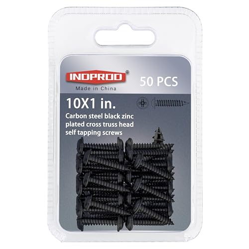 INDPROD Black Wood Screws 1 Inch, 50Pcs Self Tapping Wood Screw #10 x 1, Zinc Plated Steel, Modified Truss Head, Phillips Drive, Carbon Steel, for Drywall/Metal/Plastic/Furniture, Black
