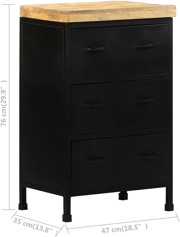 Industrial Sideboard Black Rough Mango Wood Medium Storage Furniture with Three Drawers and Iron Legs for Living Room Bedroom Home Decor