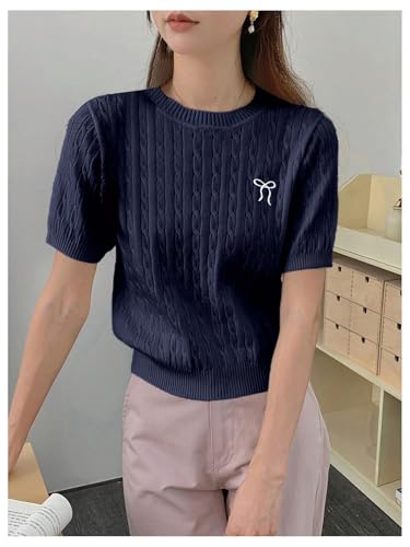 OYOANGLE Women's Short Sleeve Sweater Tops Bow Embroidery Cable Knit Pullover Sweaters2