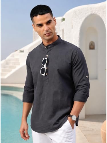 Image of Majestic Man Men's Pure Cotton Solid Mandarin Collar Slim Fit Roll-Up Sleeves Short Kurta Lightweight Summer Kurta for Daily & Occasion Use
