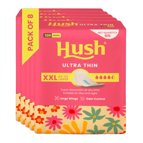 Image of Hush Ultrathin Sanitary Pads | 320mm | Super Absorption | Large Wings | Odour Lock | Comfortable & Long-Lasting Protection | Pack of 8 | XXL | 48 Sanitary Pads