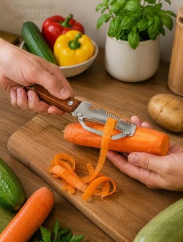 Image of Multi-Functional Stainless Steel Vegetable Peeler with Wooden Handle & Bottle Opener & Hanging Single Blade Peeler for Fruits & Vegetables Sharp & Easy-Grip Kitchen Tool (3 in 1 Peeler)