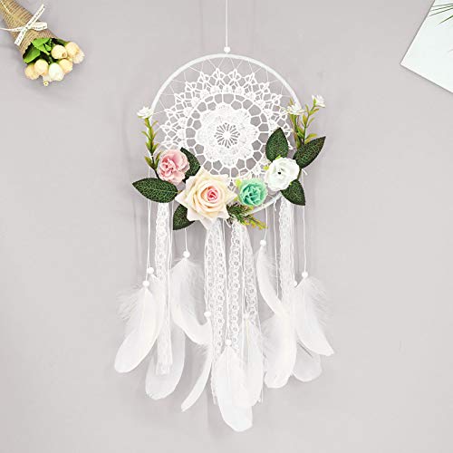 DMFSHI Atrapa Sueños, Atrapasueños Grande, Atrapasueños Blanco con Flor, Atrapasueños Hecho a Mano con Plumas y Cuentas para Colgar en la Pared, Decoración del Hogar, Adorno Artesanal